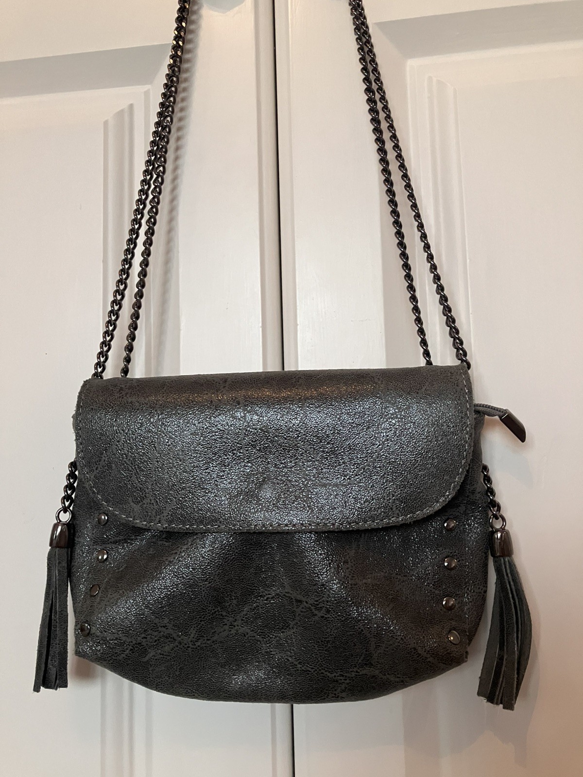 Borse In Pelle Genuine Leather Crossbody Handbag Chain Strap Tassels Grey image 2