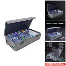 Cassette Tape Storage Box 48 Case Rack Lid Index Labels Gray Waterproof Media
