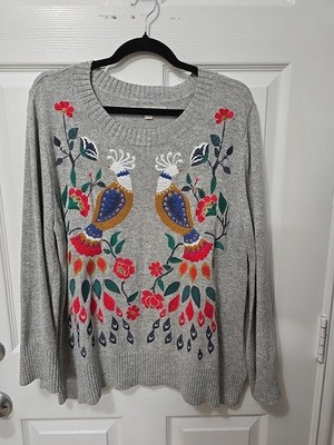 Loft Womens Gray Embroidered Birds Sweater Wool Blend With Bell Sleeve Size...