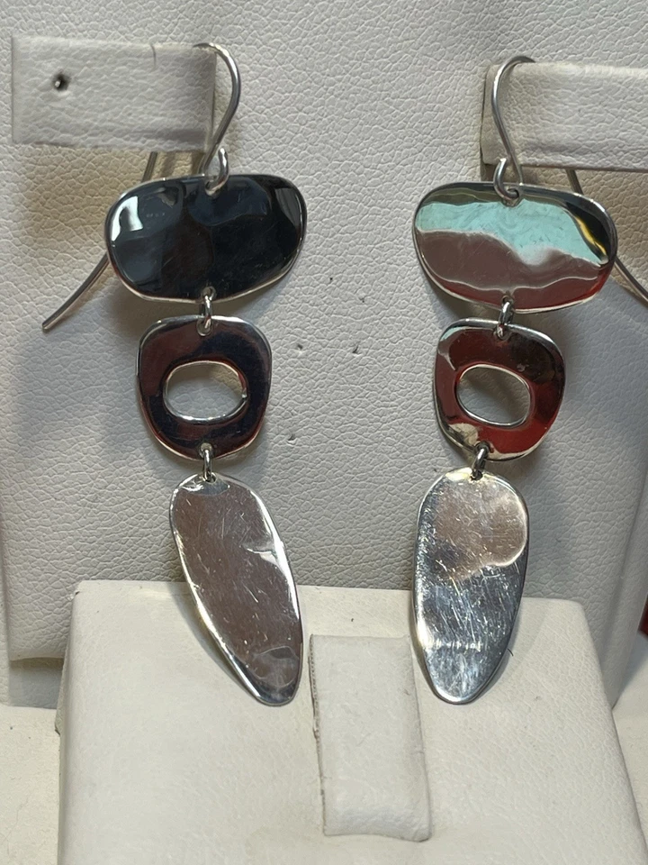 R.L. de plata de ley vintage Pendientes colgantes ovalados Morris Modernist 3 gotas de 2 1/4" Foto 2 de 4