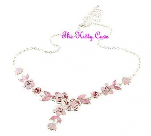★VINTAGE HOLLYWOOD★ Crystal Rose Necklace Deco Vintage Silver Rose Pink Flowers Hollywood Necklace w