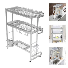 Sink Dish Drainer Double-layer Retractable Sink 304 Stainless Steel Silver