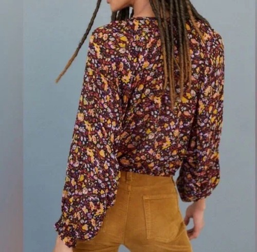 NUOVA camicetta Anthropologie Pauline grande semi trasparente nappe multicolore motivo nero - Foto 7 di 7