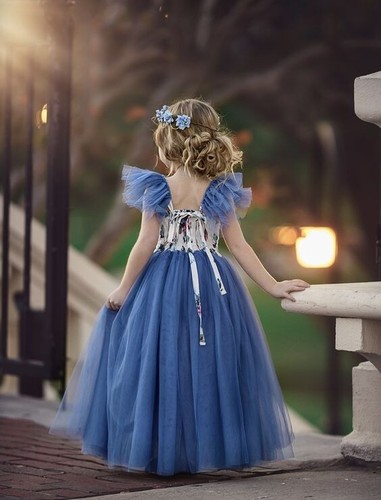 NWT Dollcake "Ruby" Teal Blue Tulle Teal Blue Floral Maxi Dress Girls sz 10 HTF - Picture 2 of 3