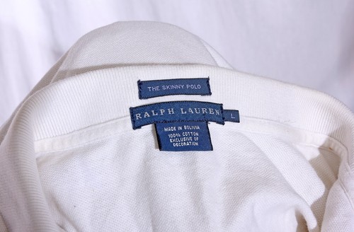 Polo Ralph Lauren Skinny Polo Shirt Long sleeve Off White Large Blue Pony Large - Picture 8 of 8