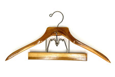 Vtg Acacia Wood Hanger 18 Inch Heavy Duty Suit Valet w/ 10" Pants Camp Beautiful