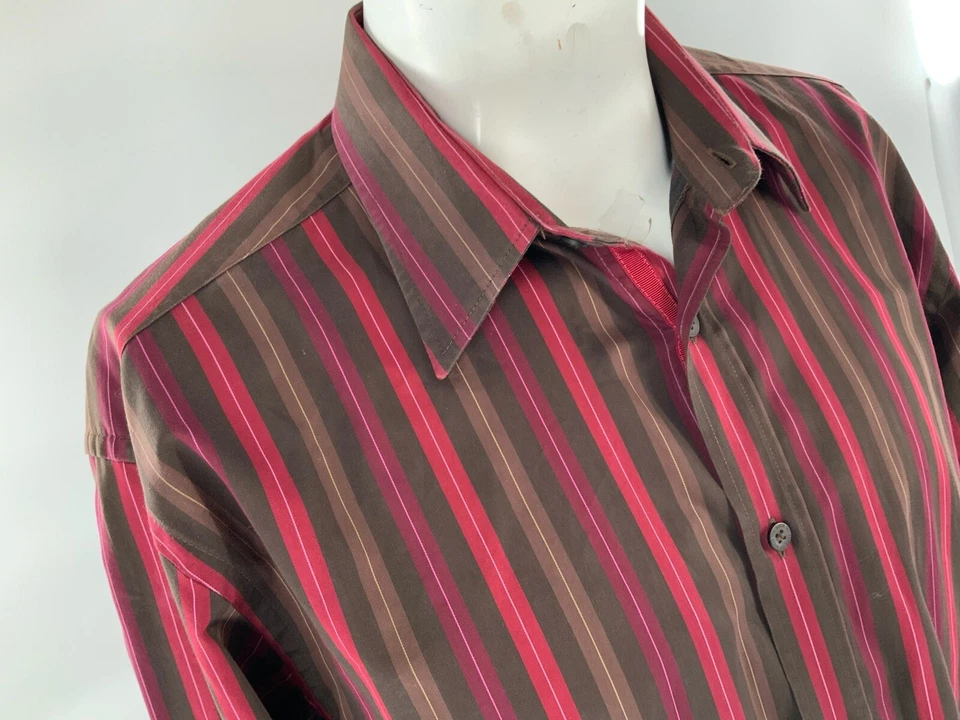 Ted Baker Button Shirt L Men Sz 5 Red Tan Stripe Cotton Md Portugal YGI B2-427 - Image 3 of 4