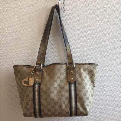 GUCCI gg Canvas Totebag Handtasche Leder Beige Damen mit Anhänger Authentic #...