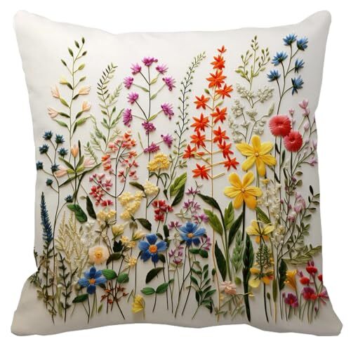 HOME WIBE Embroidery Decorative Throw Pillow Cover - Brown Floral Pattern, 18x18 Inches