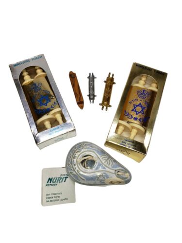Vintage Judaica Collectible Lot, Mezuzah Cases, Mini Sefer Torahs
