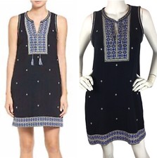 Madewell Suncoast Embroidered Sleeveless Shift Dress Pockets Tassels Black Sz 10