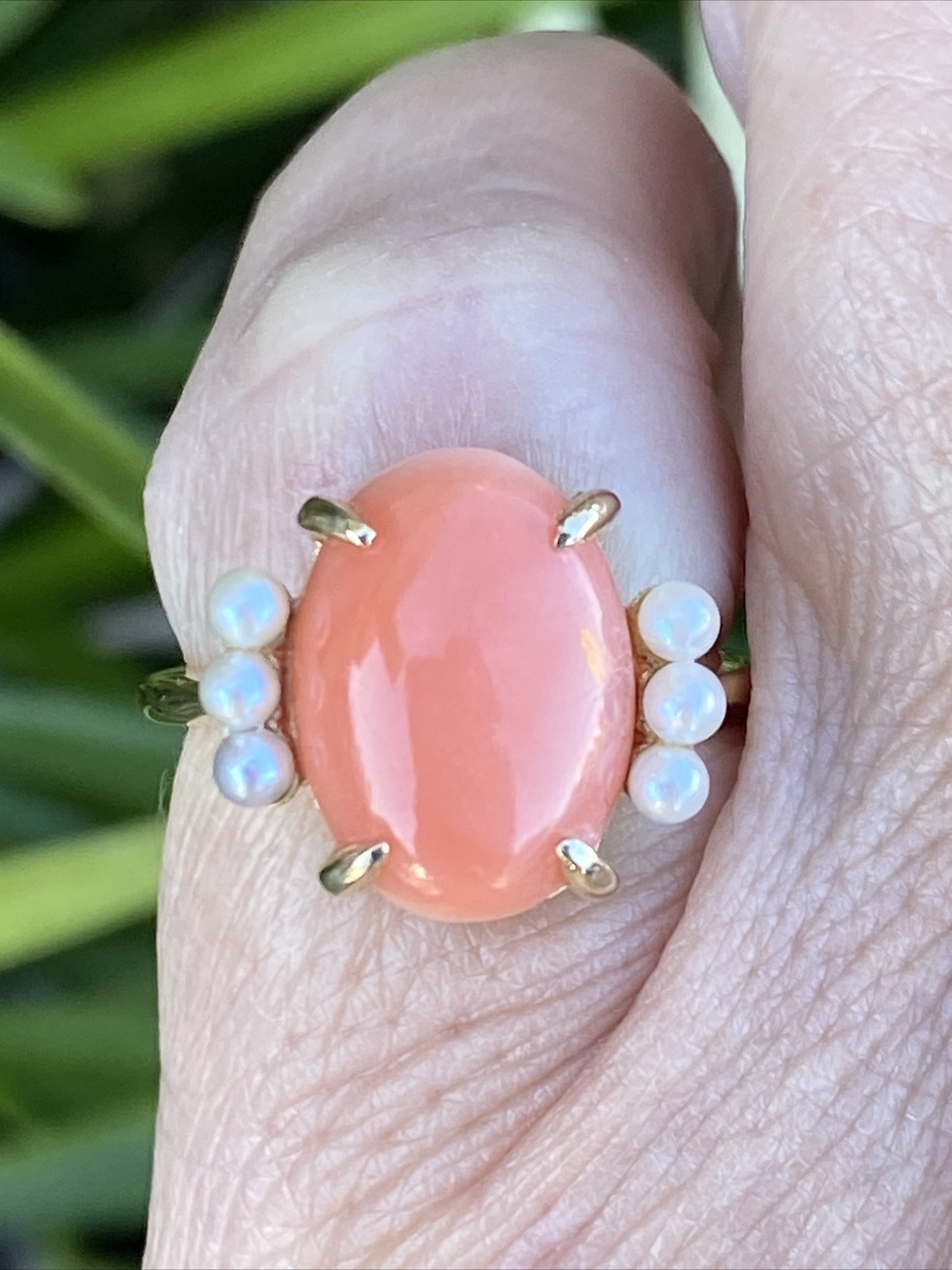VINTAGE 14k Yellow Gold Angel Skin Coral And Seed Pearl Ring Size 6 25 vintage-14k-yellow-gold-angel-skin-coral-and-seed-pearl-ring-size-6-25
