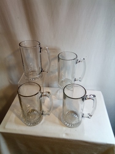 Vintage Glass Beer Mugs Beverage Cups Clear Glass Set Of 4. Heavy.. EC - Picture 2 of 11