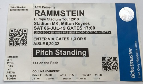 RAMMSTEIN Original Used Concert Ticket Milton Keynes 2019 RARE GREATEST GIG EVER