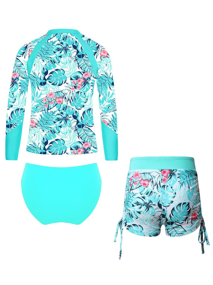 Kids Girls Swimwear 3 Pieces Swimsuit Long Sleeve Rash Guard Holiday