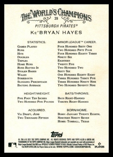 2021 Topps Allen & Ginter Ke'Bryan Hayes #39 Pittsburgh Pirates - Picture 2 of 2