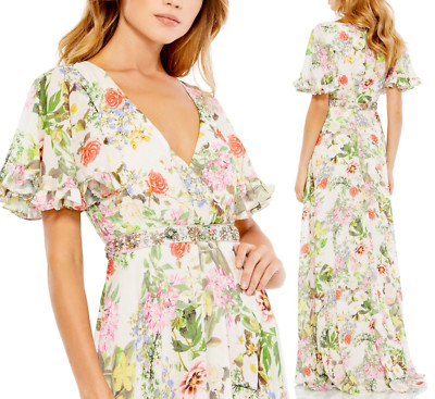 NWT Mac Duggal FLORAL PRINT FAUX WRAP FLUTTER SLEEVE ALINE GOWN 4 $498 9079