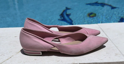 CASADEI PINK SUEDE POINTY TOE TWIST SIDE DETAIL FLATS Sz 38B MADE IN ITALY