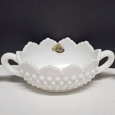 Vintage Fenton Glass Nut Bowl or Candy Dish Milk Glass Hobnail Oval Handled 7" L