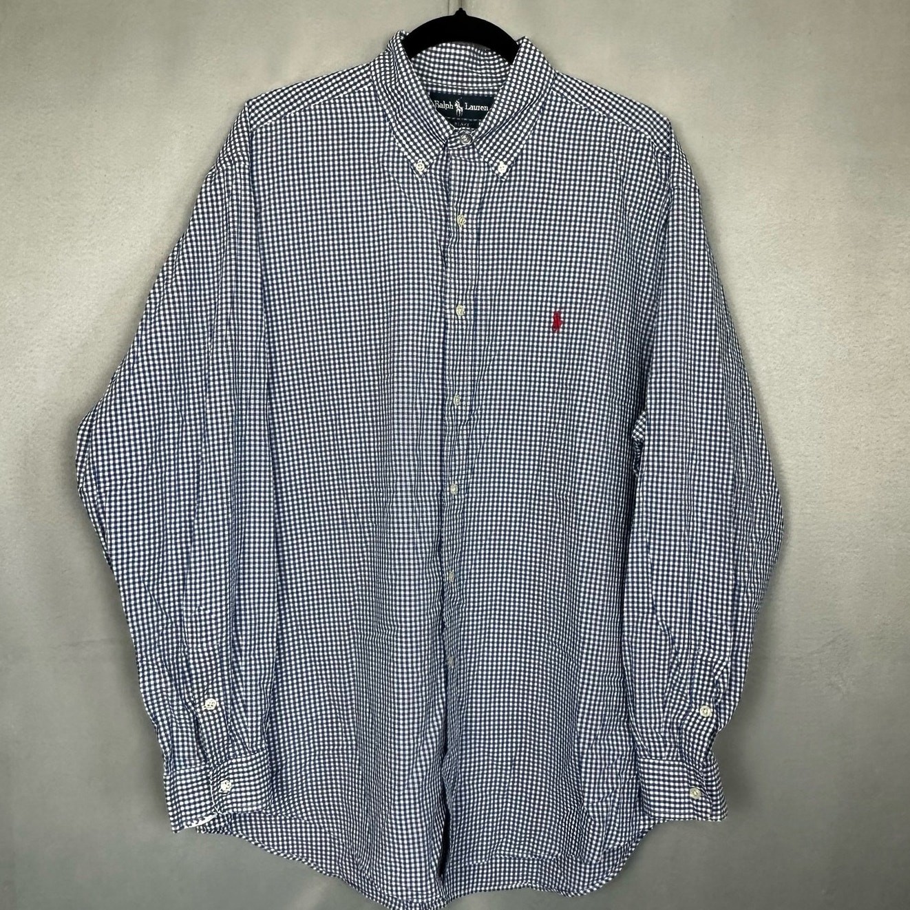 Polo uomo vintage Ralph Lauren con bottoni blu e bianca quadri rosso pony L