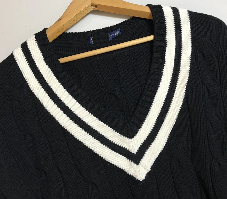 Suéter Pullover de Cricket Polo Ralph Lauren Para Mujer Negro Tejido con Cable Cuello en V Talla M Foto 3 de 4