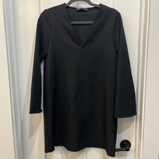Zara Women’s Black Long Flare Sleeve Solid Black Sheath Dress Size Medium V Neck