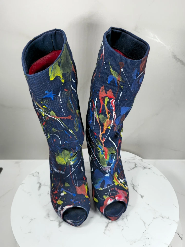 Alexander McQueen Denim Peep Toe Botas Tacón Alto Pintura Salpicaduras Arte Diseño 38 EU Foto 3 de 4