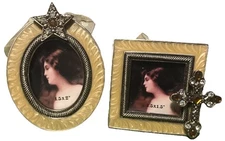 Picture Frame Ornament Easel Miniature Silver Jeweled Gold Trim Cross & Star