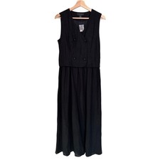 NWOT Tahari Linen Maxi Dress Small Double Breasted Vest Black Minimal Pockets