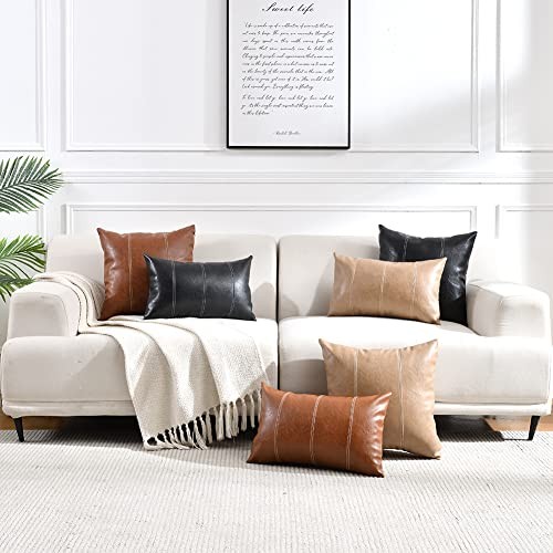 2 Packs Brown Boho Lumbar Faux Leather Decorative Throw Pillow Covers 12x20 - Picture 8 of 8