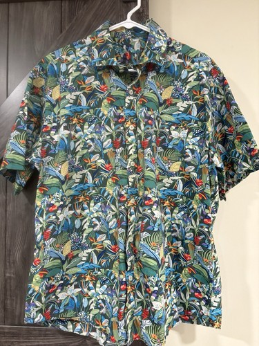 Alan Flusser Button Down Mens XL Colorful Floral Hawaiian Short Sleeve Birds