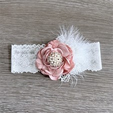 White Pink Floral Baby Headband with Lace, Flower, Feather  Beaded Accents
