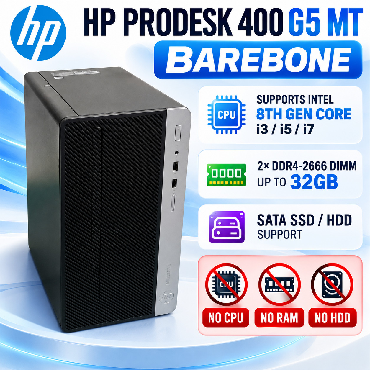 HP ProDesk 400 G5 MT Barebone Tower PC 8th Gen Intel DDR4 No CPU RAM HDD