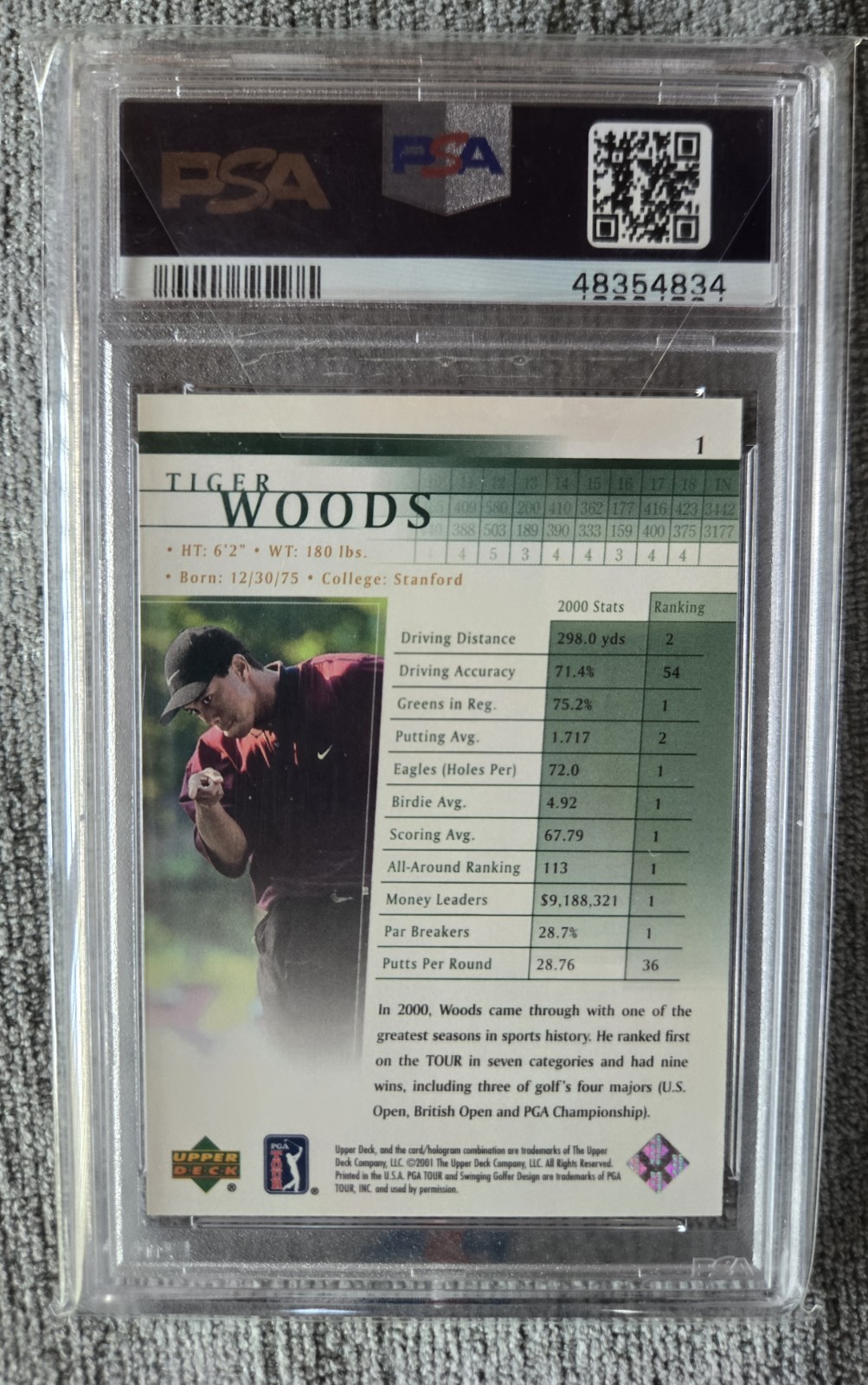2001 UPPER DECK GOLF TIGER WOODS #1 PSA 10 GEM MT ROOKIE RC view 2