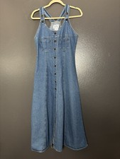 90s Vintage True Blue Denim Maxi Dress | Button-Up Pinafore | Sz 7/8