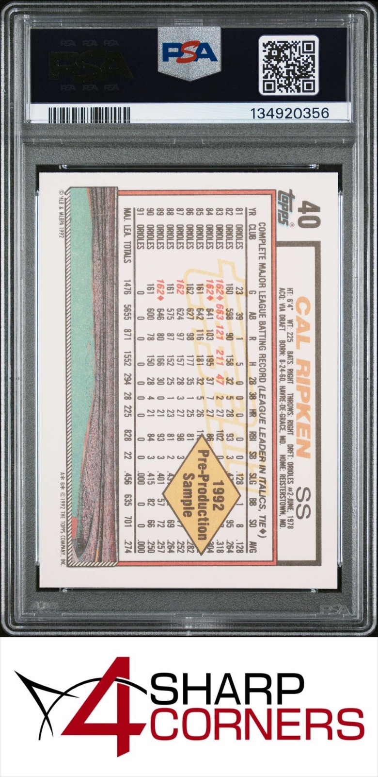 1992 TOPPS GOLD PRE-PRODUCTION SHEET HAND CUT #40 CAL RIPKEN JR. HOF PSA 10 view 2