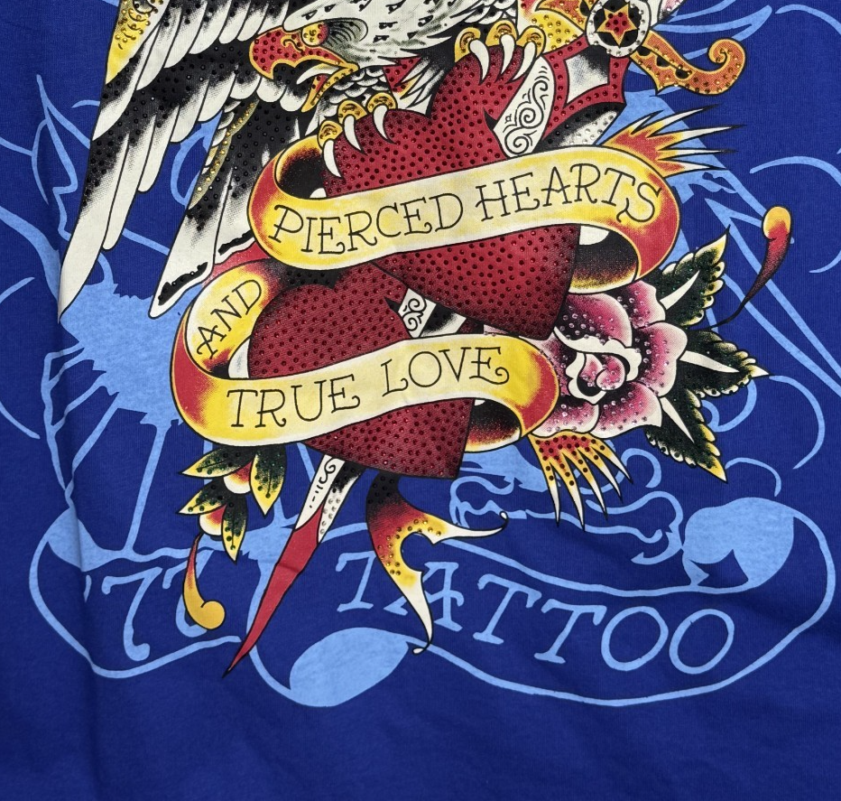 Ed Hardy Men's Large Pierced Hearts True Love Rhinestones TShirt