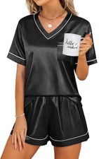 2 Piece Satin Pajama Set Women's Medium V-Neck Short Sleeve Sleepwear Loungewear