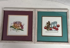Pair Rustic Look Framed kitchen Vegetables Needlepoint Hand Made 13.5  x13.5  