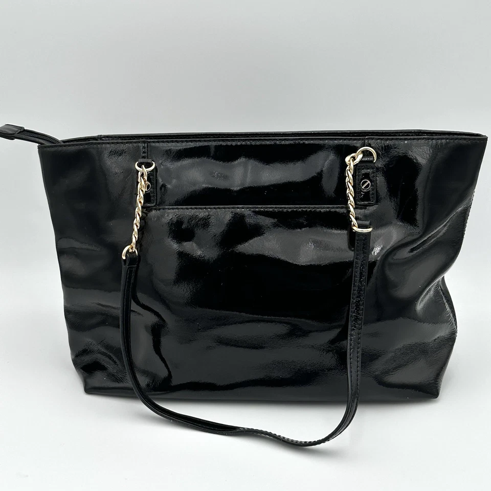 Bolso de Mano Michael Kors Charol Jet Set Brillante Negro Cadena Círculo Logo Foto 3 de 4