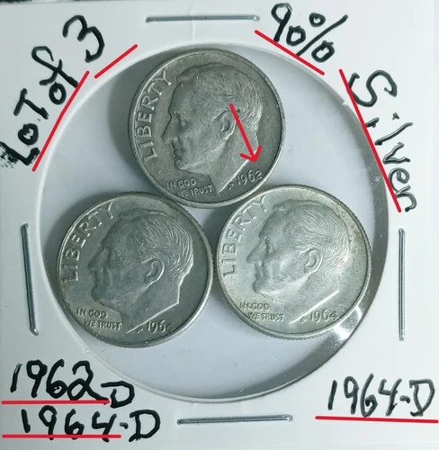 Roosevelt Dimes Lot of 3 90% Silver 1962-D1964-D1964-DLook @ &Judge VG Condition