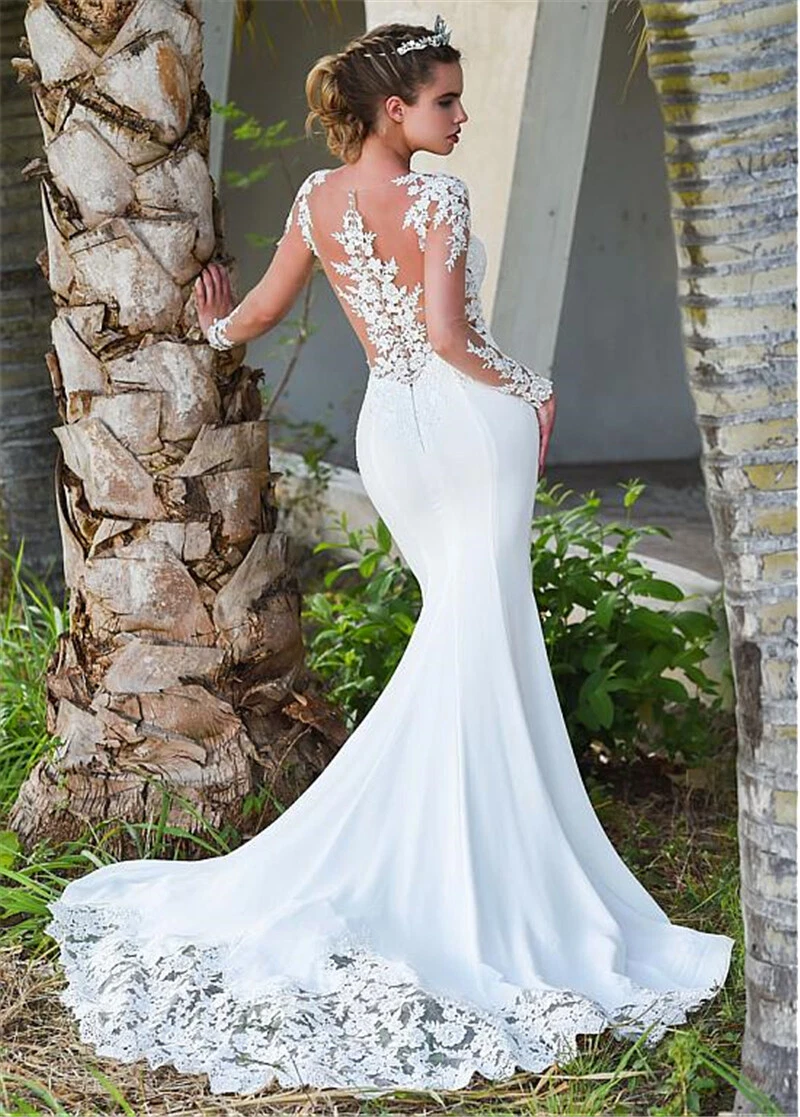 Mermaid White Ivory Long Sleeve Wedding Dress Lace Satin Sheer Mesh Bridal Gown