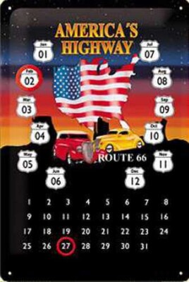 Hot Rod Route 66 - Americas Highway Kalender Blechschild, 20 x 30 cm, geprägt