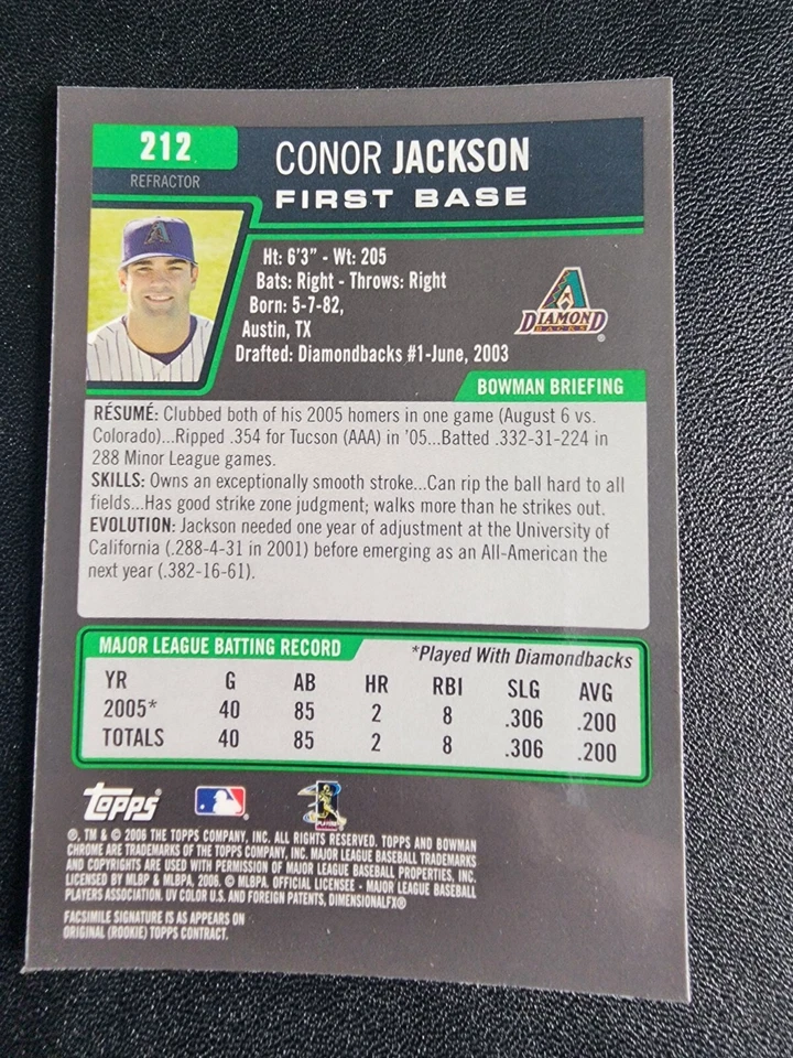 CONNOR JACKSON 2006 BOWMAN CROMO NOVATO REFRACTOR #212 ARIZONA DIAMONDBACKS RC Foto 2 de 2