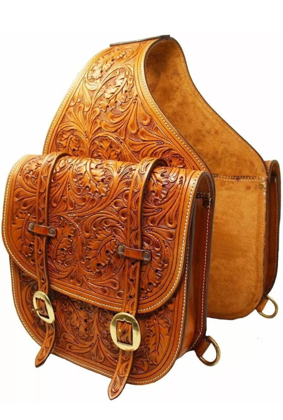 Floral Carving Saddle Bag Western Trail Horse Designer Brown Color Bags