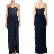 Navy Crepe Sweetheart Sequins Cascade Ruffle Gown Size 6 Retail 770