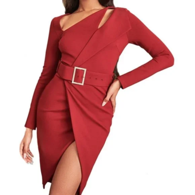 lavish alice burgundy dress Lavish Alice Burgundy Pleated Waist One Sleeve Midi Dress