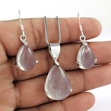 Stunning Jewelry Set 925 Silver Natural Rose Quartz Gemstone Earrings Pendant