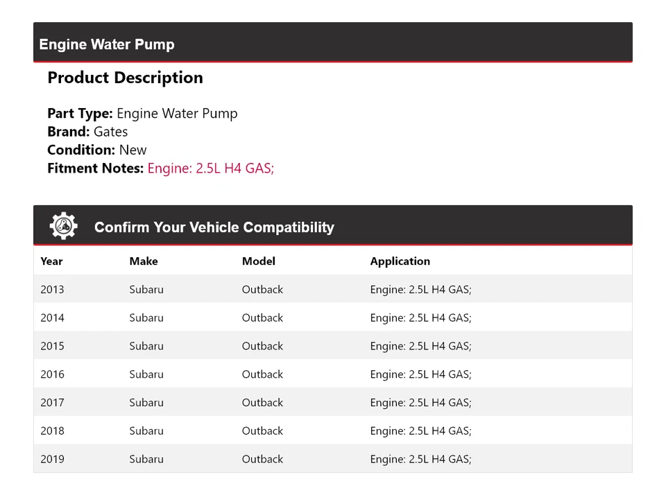 Portões de bomba de água para motor Subaru Outback 2.5L H4 GAS 2013-2019 2014 2015 2016 - Imagem 2 de 4
