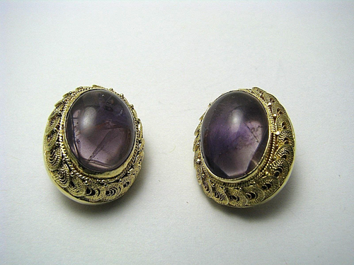 CHINESE EXPORT SILVER EARRINGS CLIP-ON AMETHYST EARRINGS ca1900s New Jewelry Box